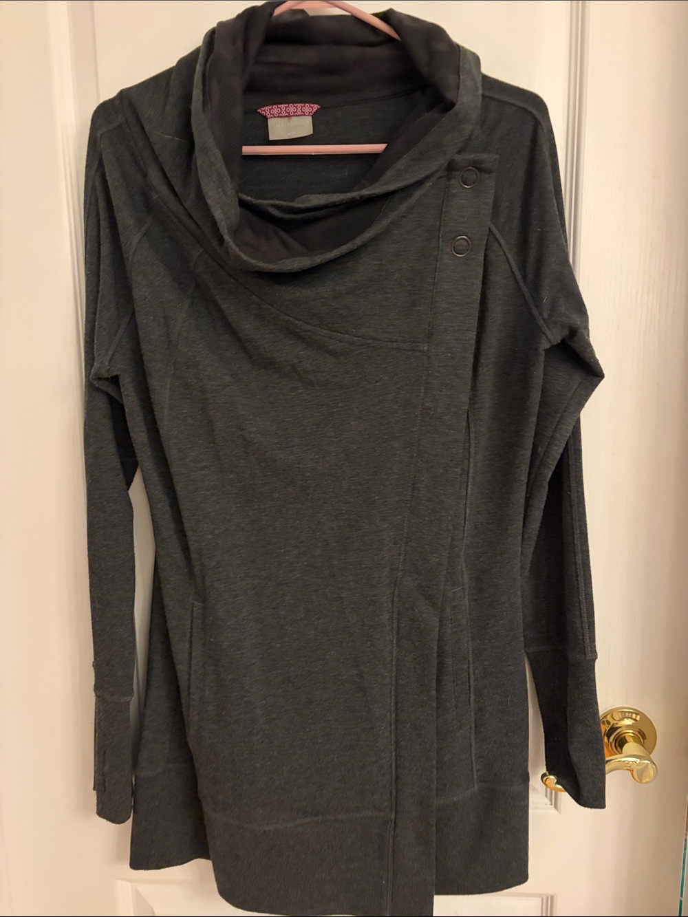 Shambhala Charcoal Cowl Neck Sweater Tunic with Snap Accent